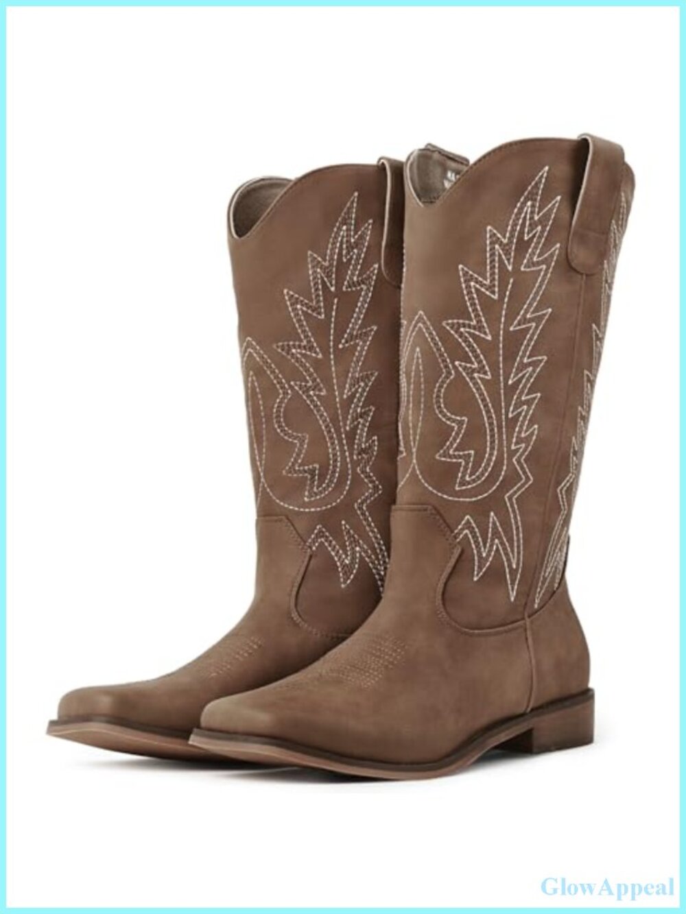 Faux Leather Mid Calf Western Cowboy Boots Square Toe Chunky Heel Pull On